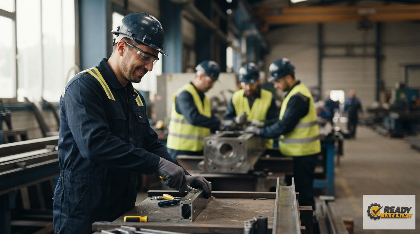 Travailleurs roumains équipés sur un chantier industriel français conforme.