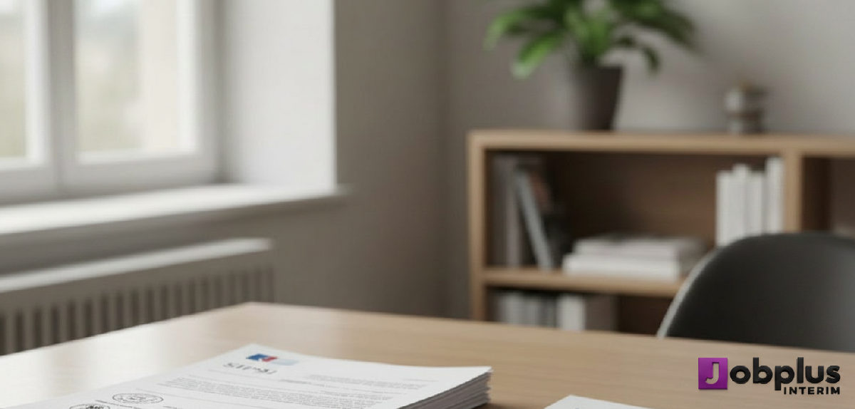 Bureau RH avec documents de conformité et contrats.