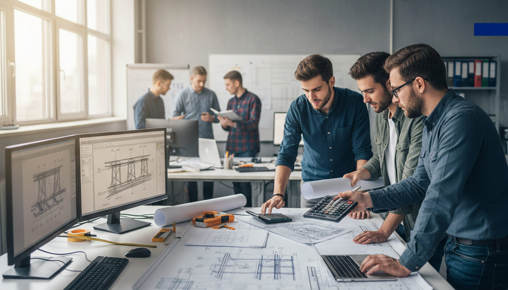 optimisation coûts RH travailleurs roumains - Ingénieurs travaillant sur des plans dans un bureau d'études.