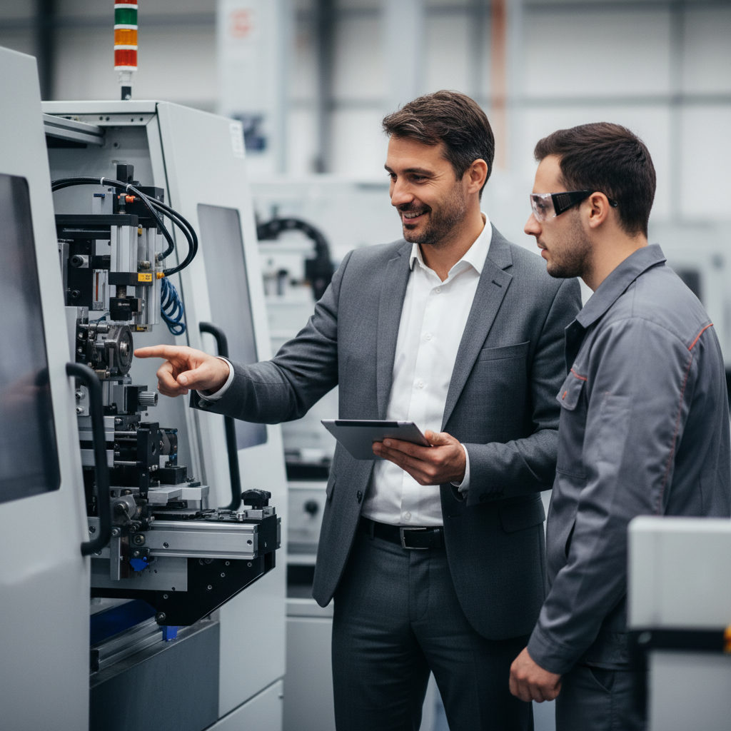 Un manager français et un technicien roumain discutant de manière constructive devant une machine industrielle, illustrant une intégration réussie.