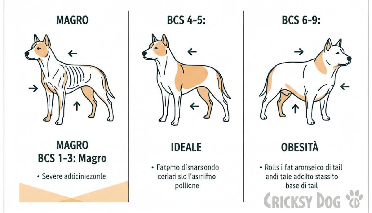 obesità canina - Infografica BCS: cane magro, ideale e obeso.