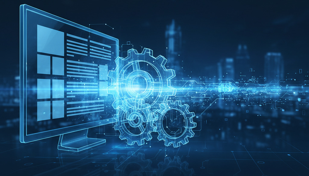AI gears process information, outputting formatted blog articles on a screen.