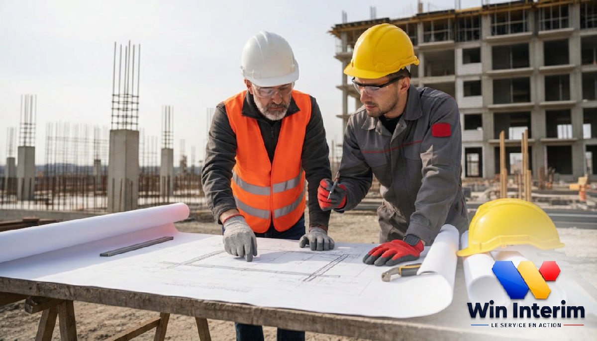 Hommes examinant des plans architecturaux détaillés sur un chantier.