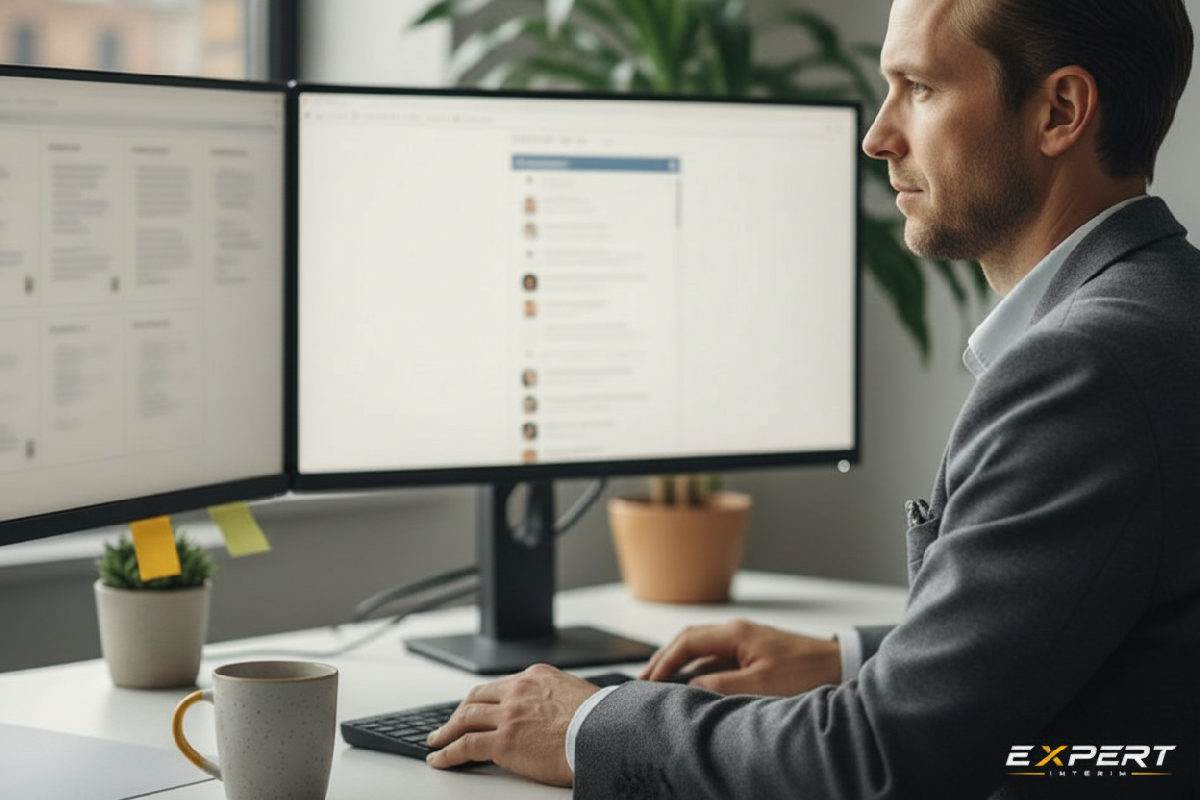 Recruteur analysant des CV sur écrans dans un bureau.