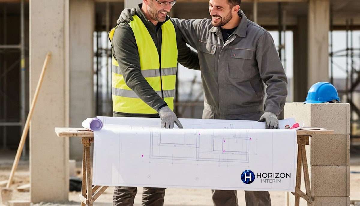 Chef de chantier français et ouvrier roumain discutant d'un plan.