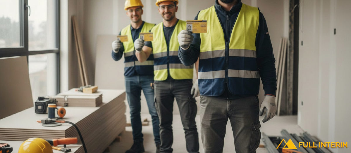 Plaquistes roumains équipés et sécurisés sur un chantier organisé.
