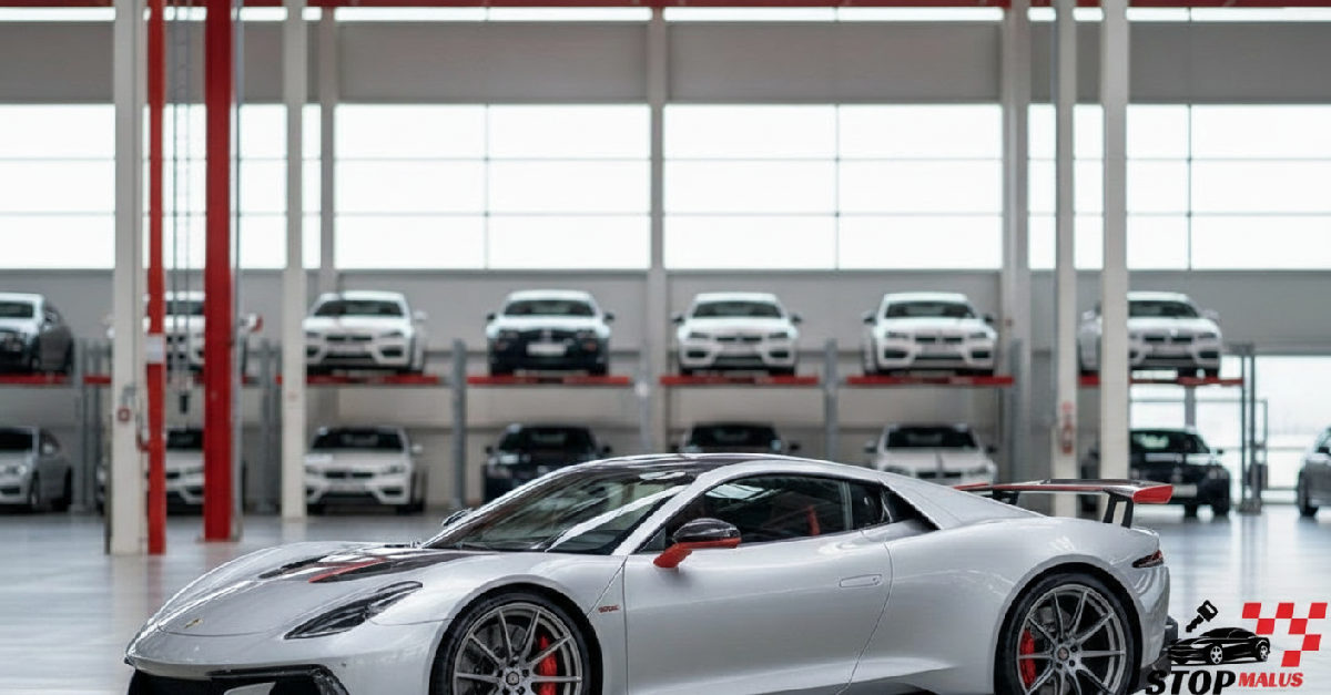Une voiture de sport de luxe garée dans un garage moderne.