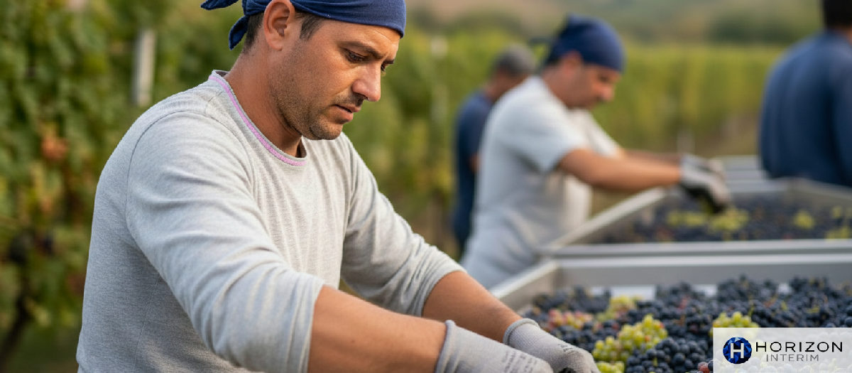 Ouvrier agricole roumain triant des grappes de raisin.