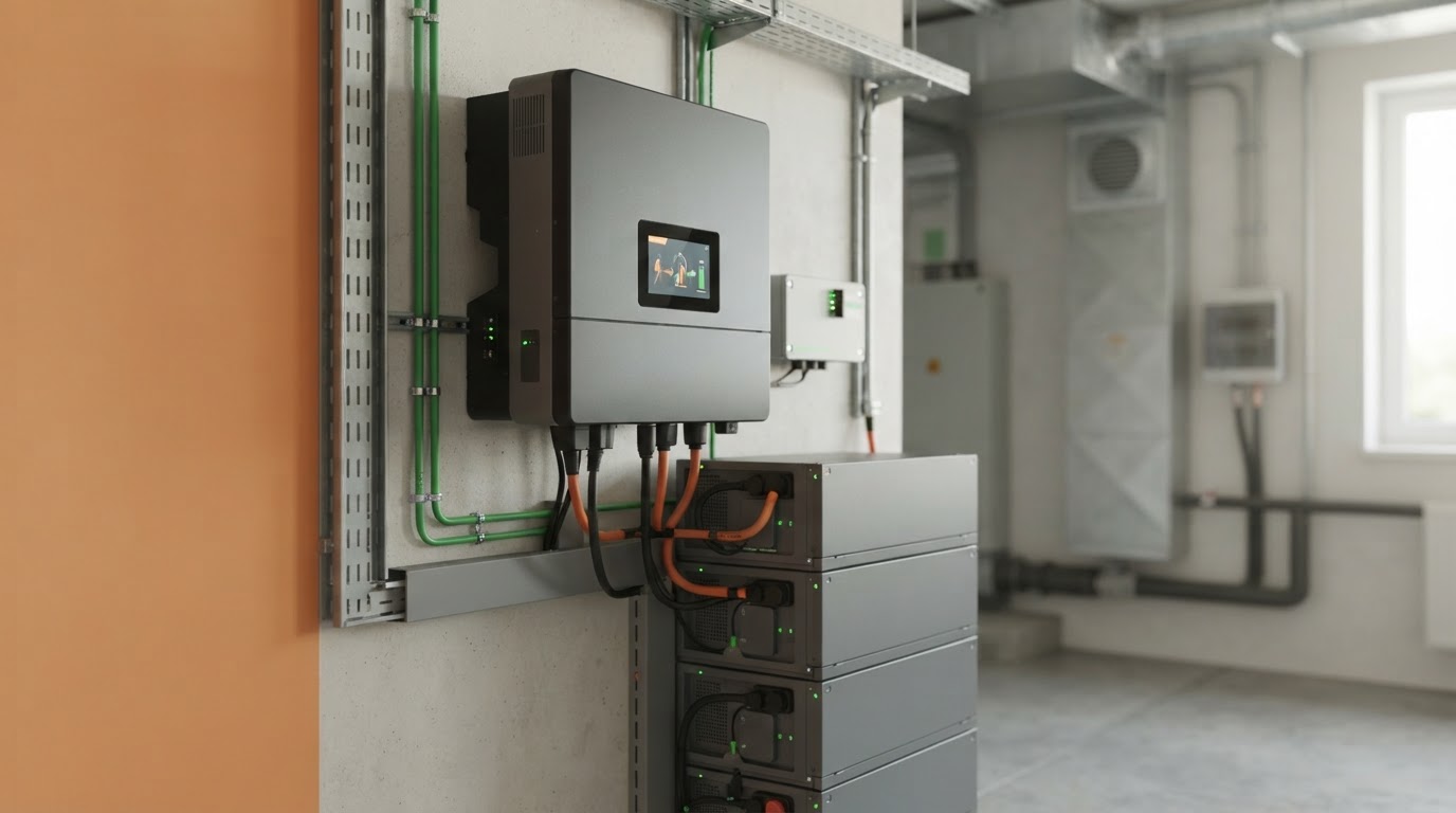 Detail průmyslového střídače a bateriových modulů s displejem energetických toků.