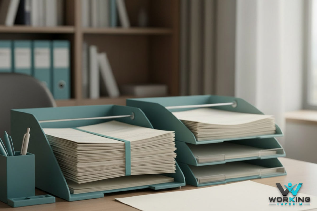documents nécessaires pour recruter intérimaires roumains - Bureau avec dossiers et documents pour recruter des intérimaires roumains.