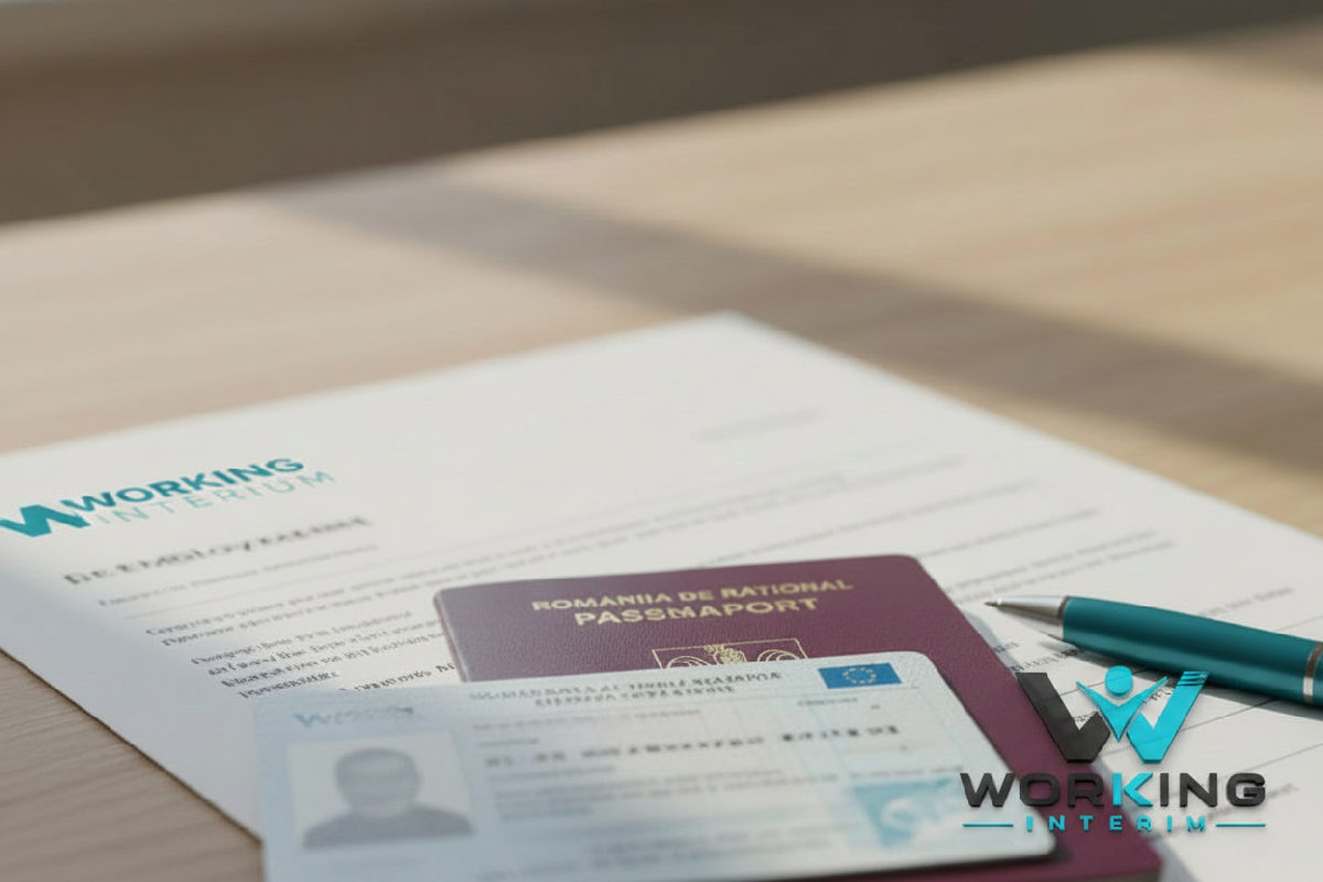 Carte d'identité roumaine et passeport sur un contrat de travail français.