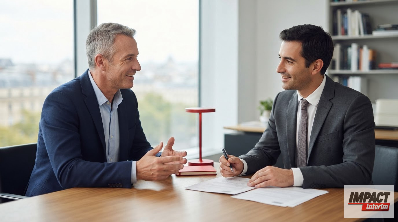Un chef d'entreprise et un consultant discutant d'un partenariat de recrutement.