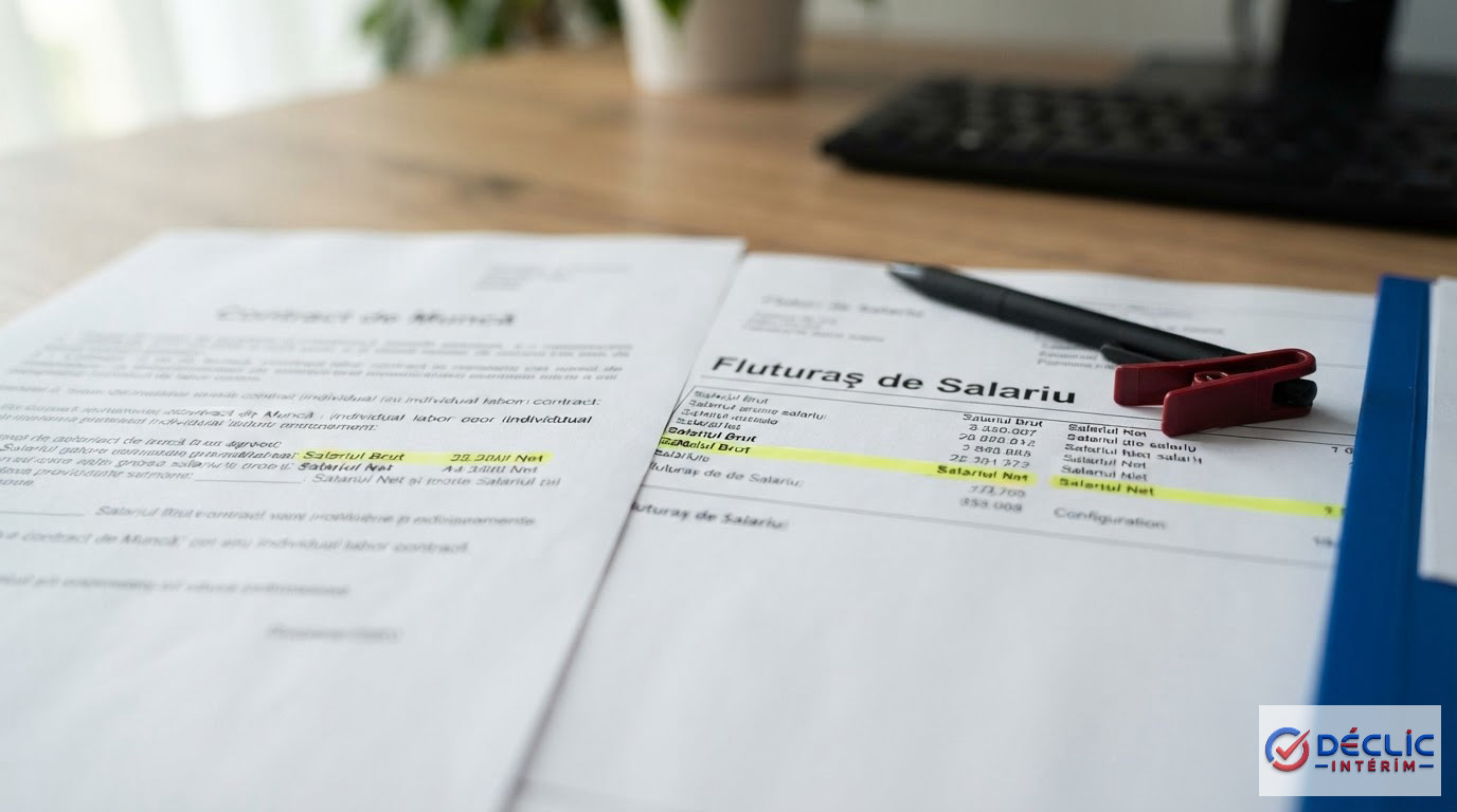 Gros plan sur un bulletin de paie et un contrat de travail annotés.