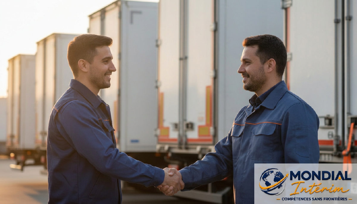 Chef d'entrepôt et chef d'équipe roumain devant des camions de livraison.