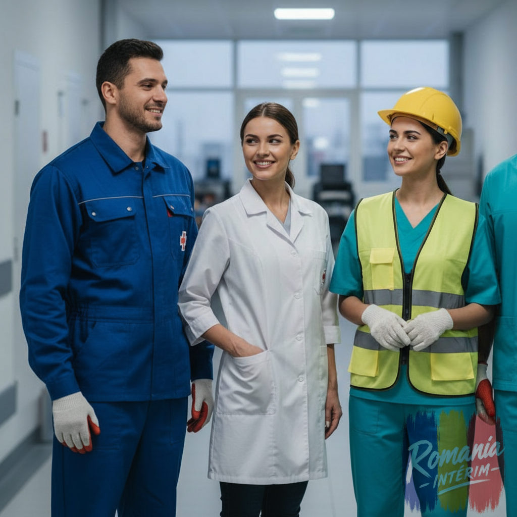 Travailleurs roumains qualifiés en uniforme pour diverses missions d'intérim.