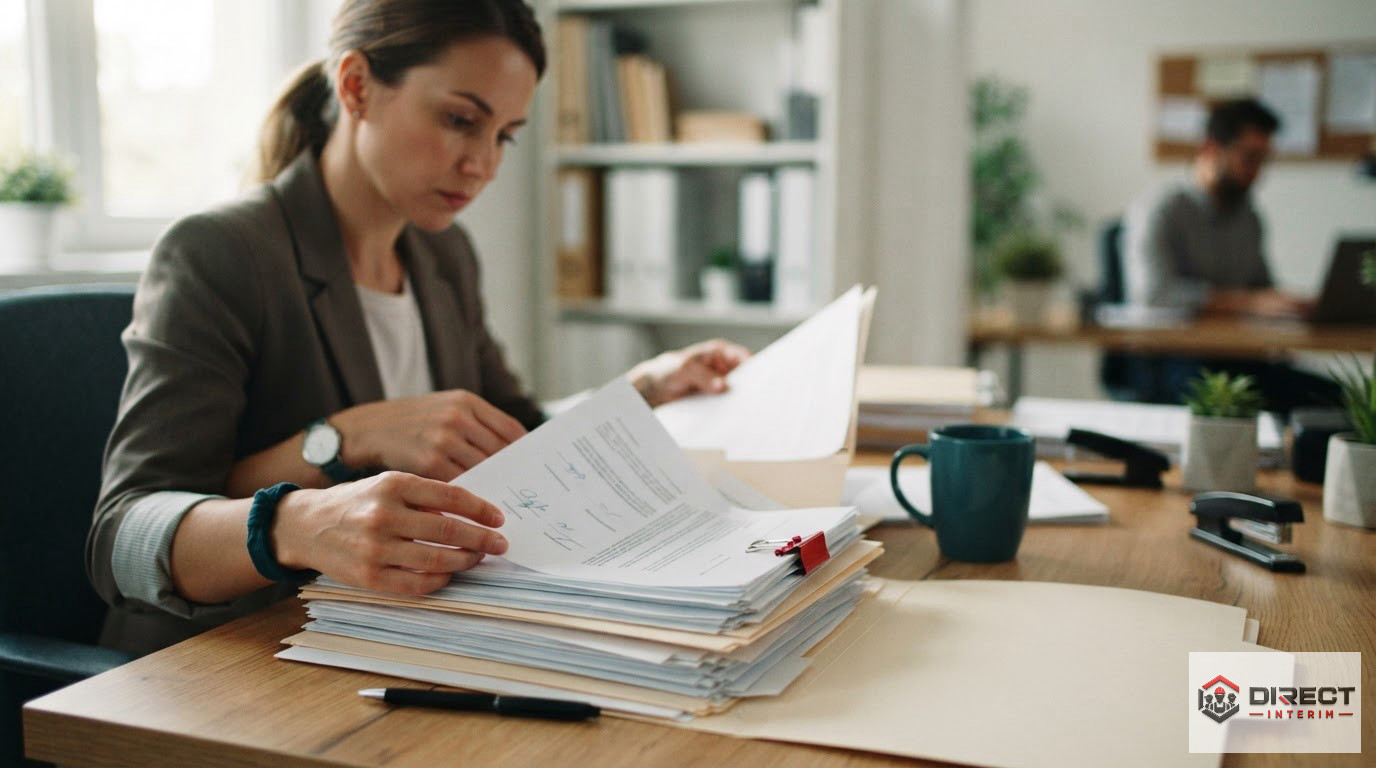 Dossiers de travailleurs détachés et contrats sur un bureau de ressources humaines.