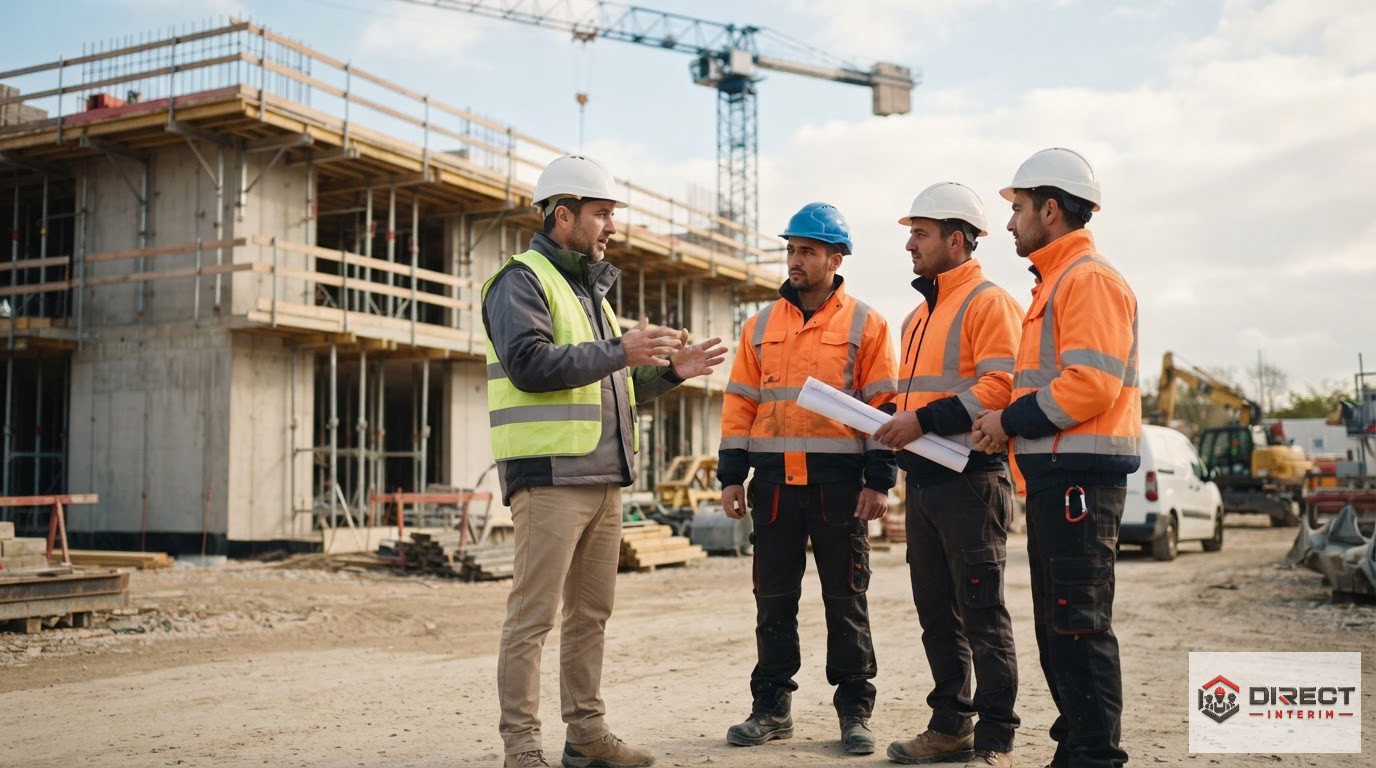 Ouvriers roumains et chef de chantier discutant sur un site de construction français.