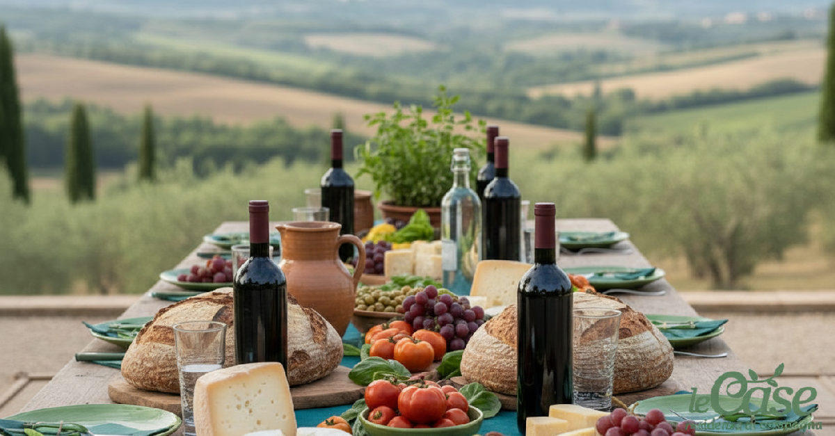 Pranzo all'aperto con prodotti tipici umbri in agriturismo.