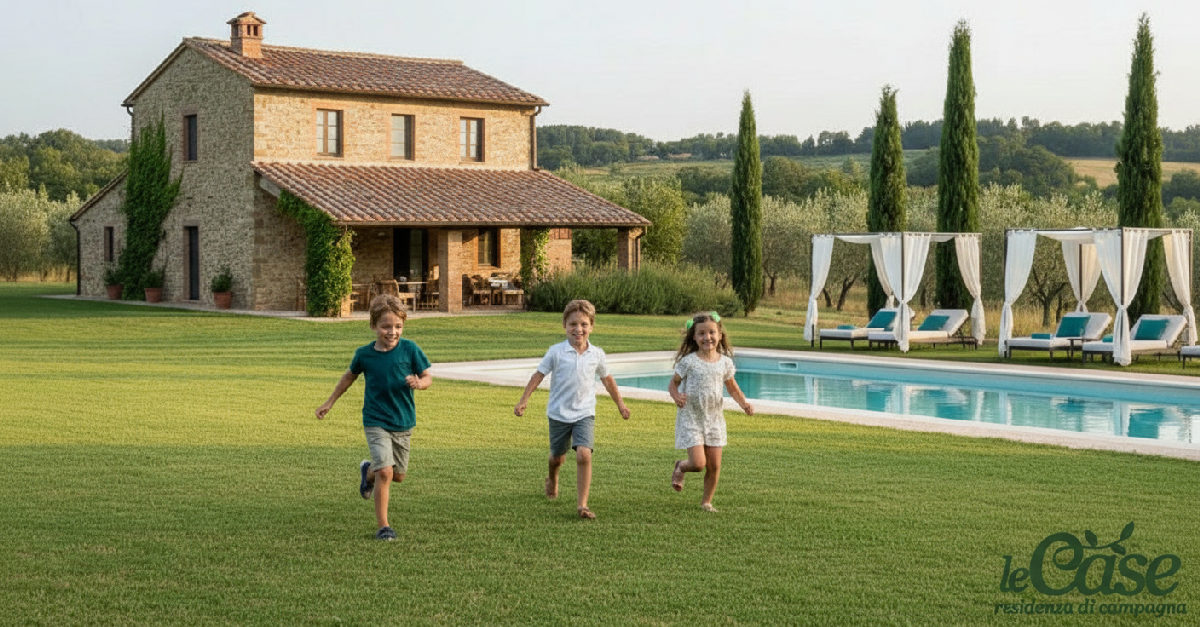 Bambini giocano in un prato con piscina in agriturismo.