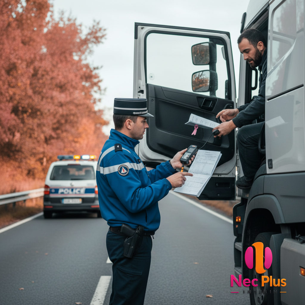 Contrôle routier français inspectant les documents d'un chauffeur.