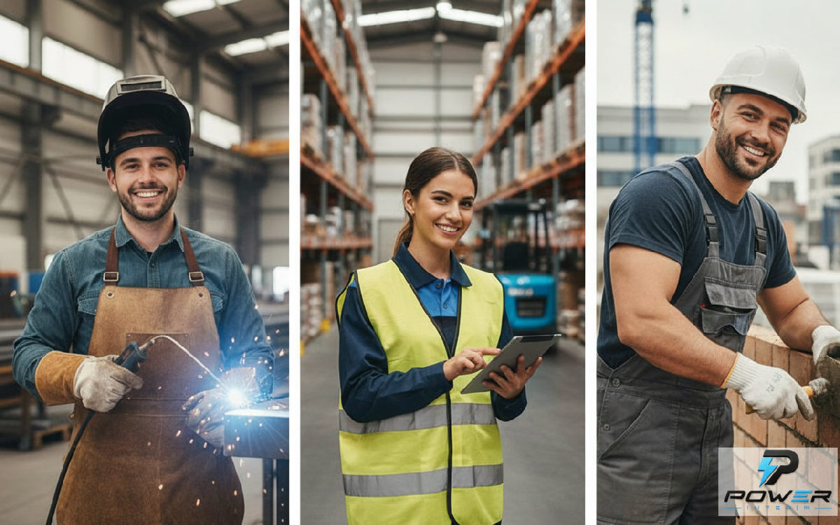 Professionnels roumains souriants : soudeur, agent logistique, maçon en Belgique.
