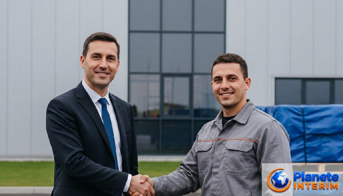 Poignée de main entre un manager français et un ouvrier roumain.