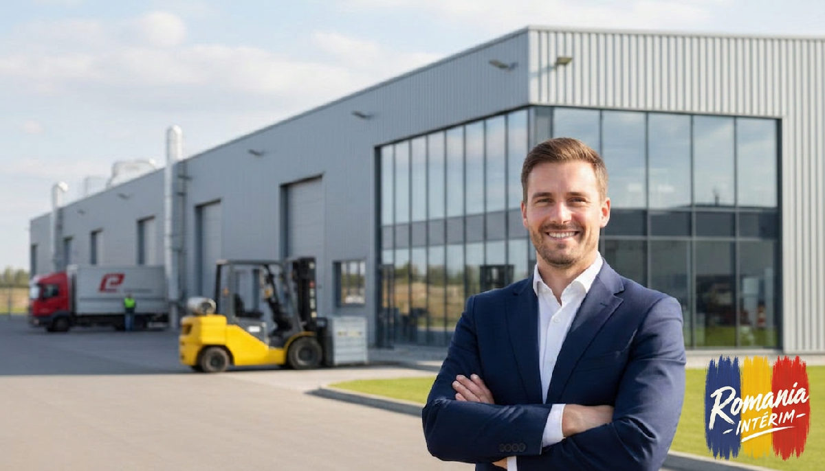 Propriétaire fier devant une usine, croissance grâce à des solutions de personnel.