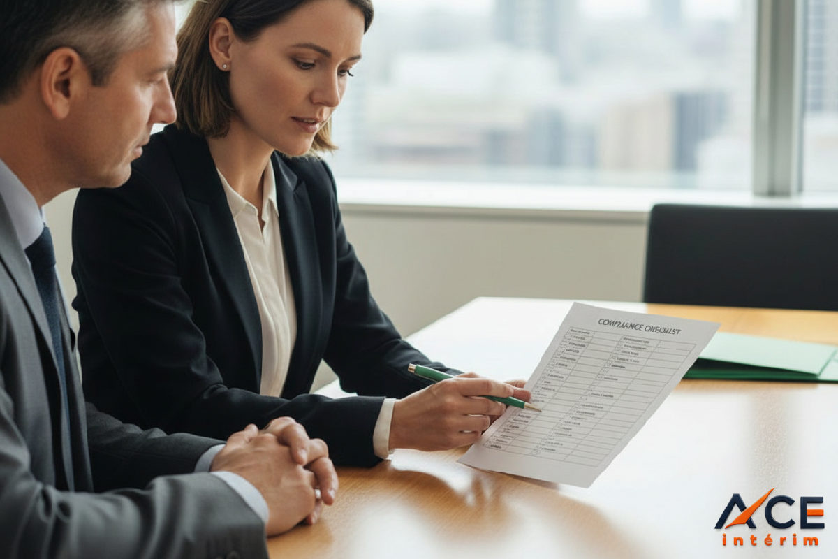 Consultant et chef d'entreprise examinant une checklist juridique.