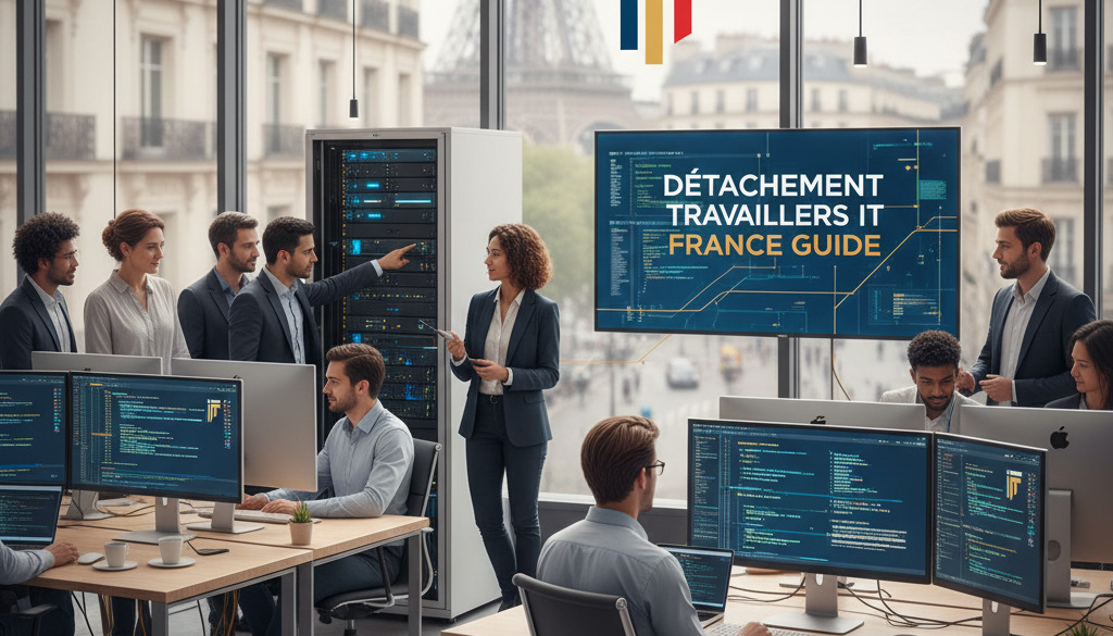 Détachement travailleurs IT France guide - Experts IT internationaux collaborant dans un bureau moderne en France.