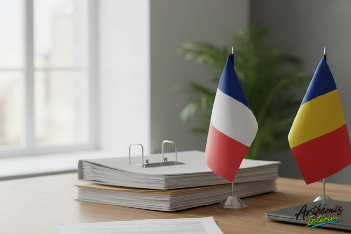 Bureau avec drapeaux français et roumain, symbolisant la conformité.