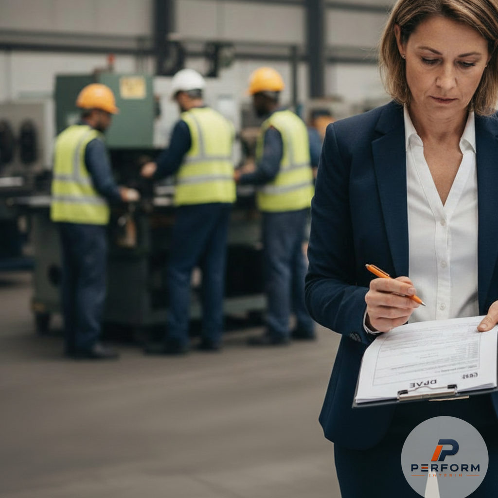 Inspecteur vérifiant la conformité DPAE sur site industriel.