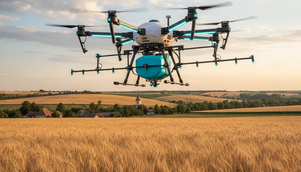 Drone agricole survolant un champ de blé roumain.