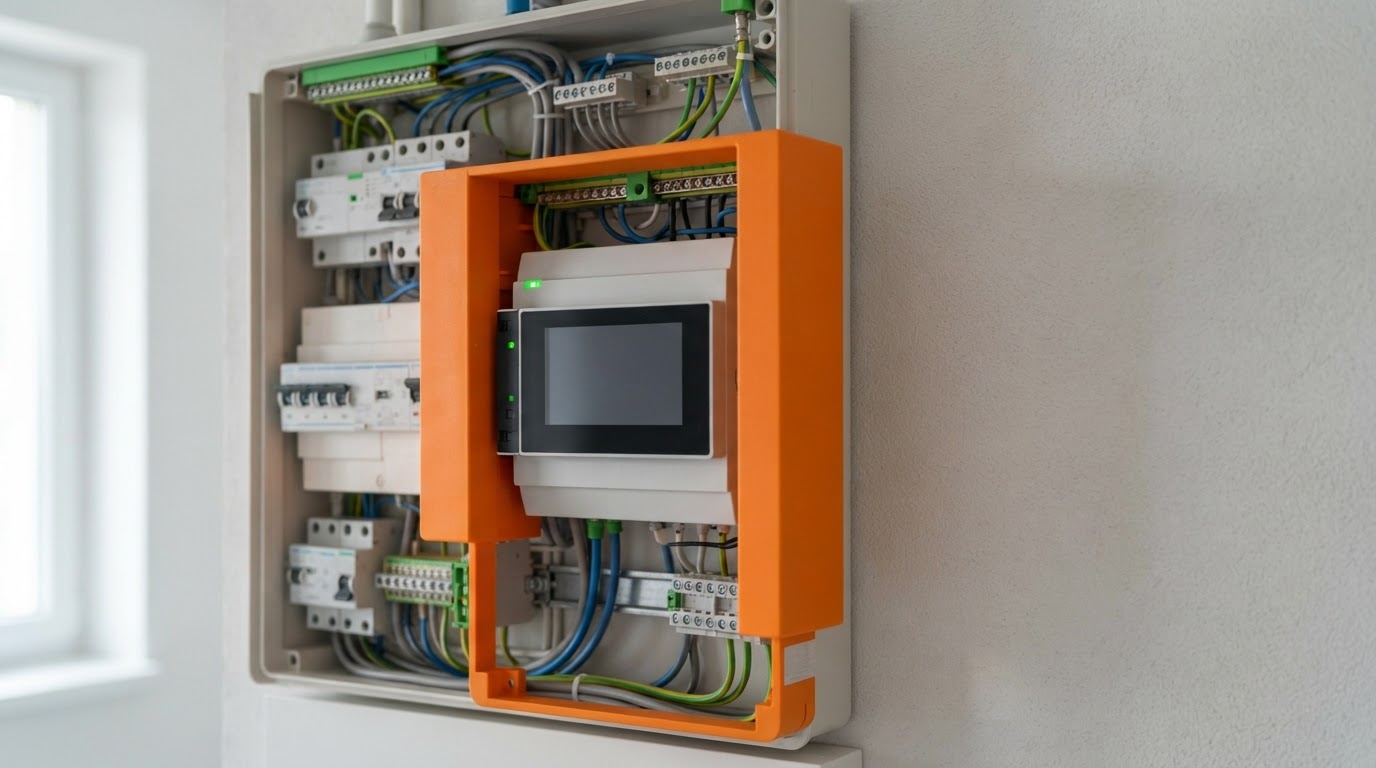 Detail moderního rozvaděče s inteligentním systémem pro správu toků energie v domě.