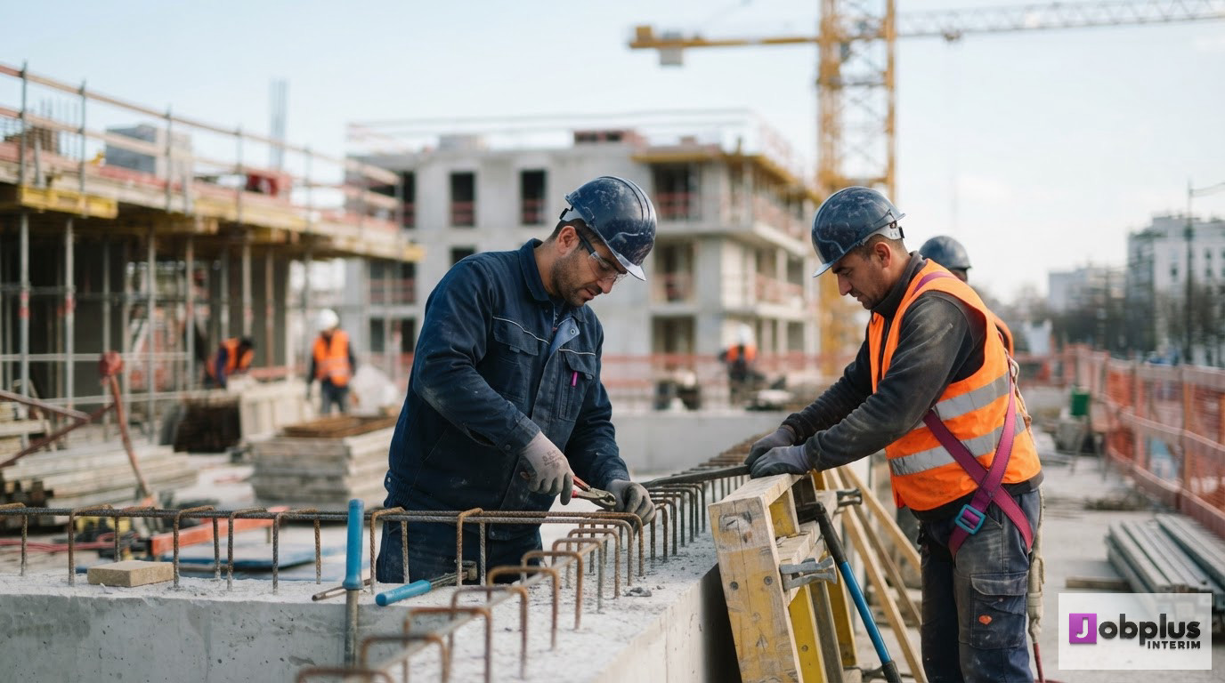 Ouvriers qualifiés sur un chantier de construction en France.