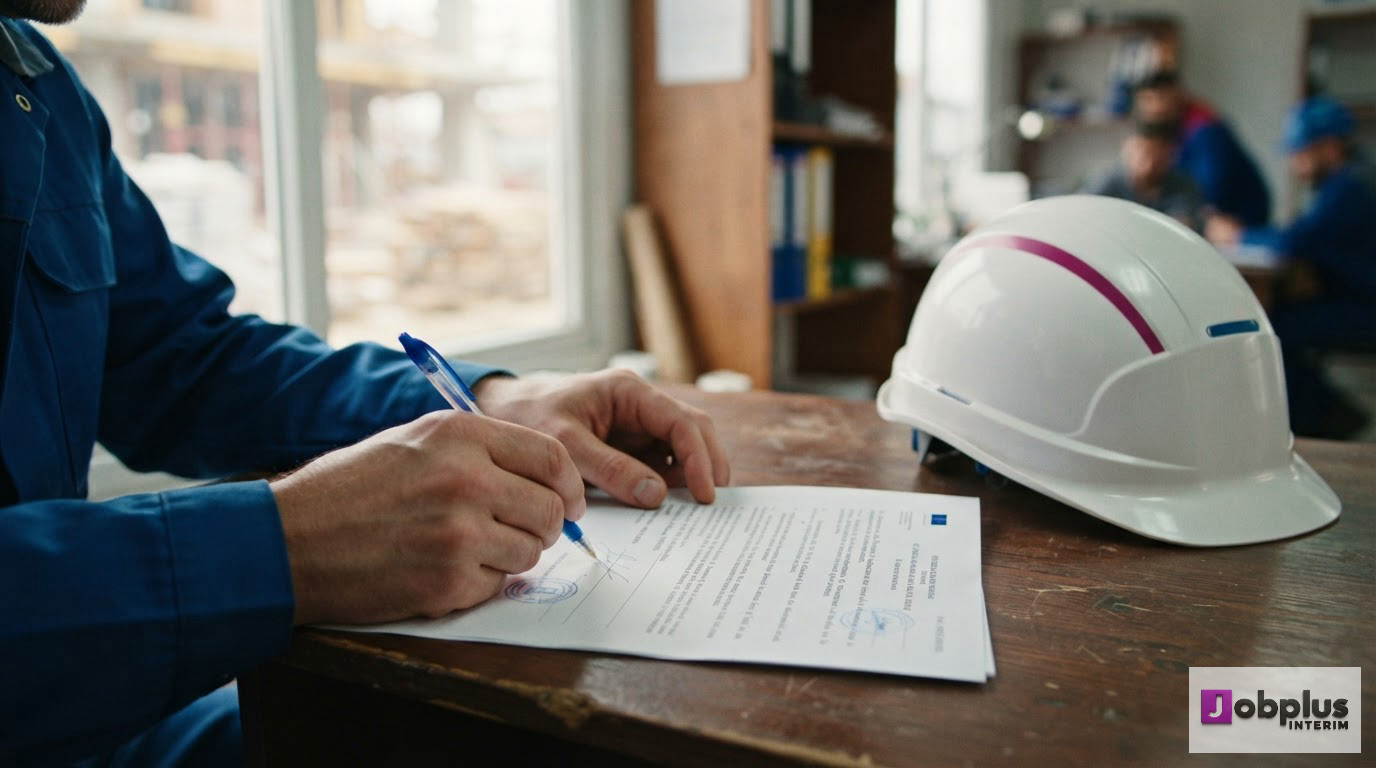 Une signature officielle sur un document avec un casque de sécurité à proximité.