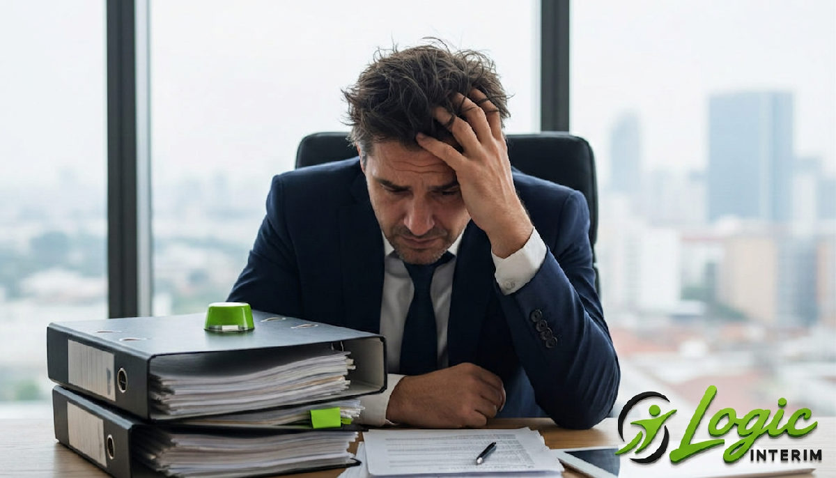 logicinterim - Chef d'entreprise stressé devant des dossiers Logic Interim.