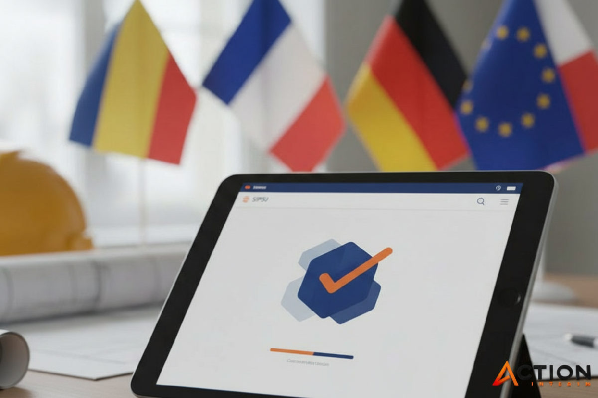 Interface du portail SIPSI avec déclaration pour équipe de construction, drapeaux européens.