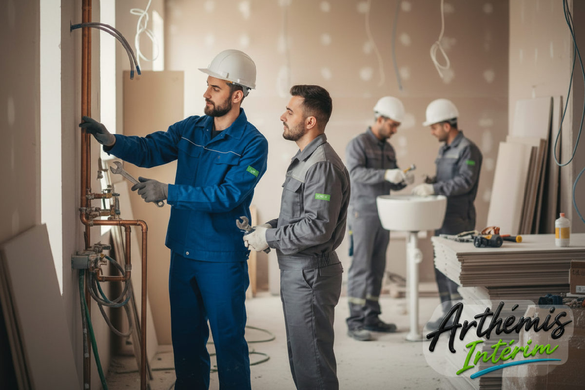Équipe mixte de plombiers français et roumains collaborant sur un chantier.