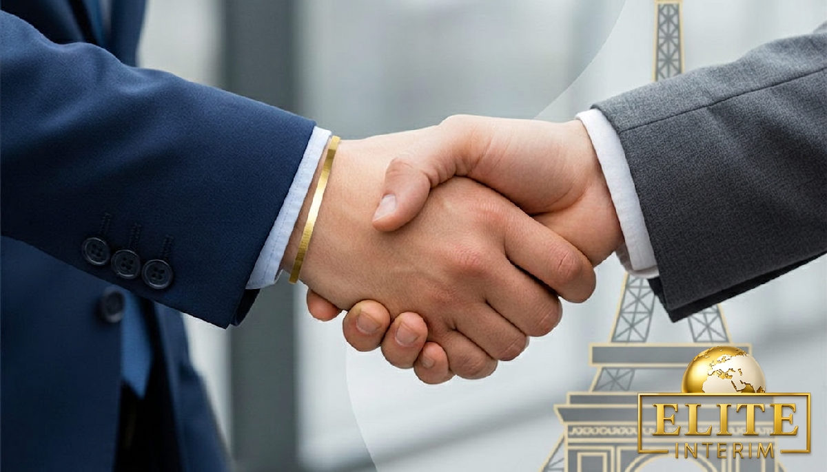Gros plan sur une poignée de main professionnelle symbolisant le partenariat de recrutement international entre la France et la Roumanie.