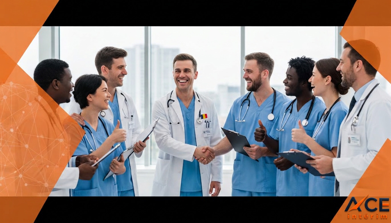 Une équipe médicale mixte partage un moment positif dans un couloir d'hôpital.