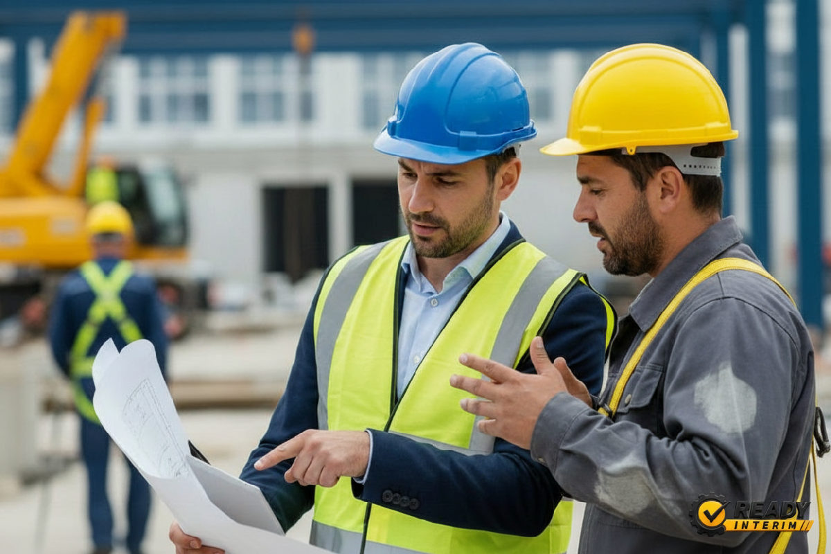 comment évaluer niveau de français intérimaires roumains - Recruteur et ouvrier discutant sur un chantier.