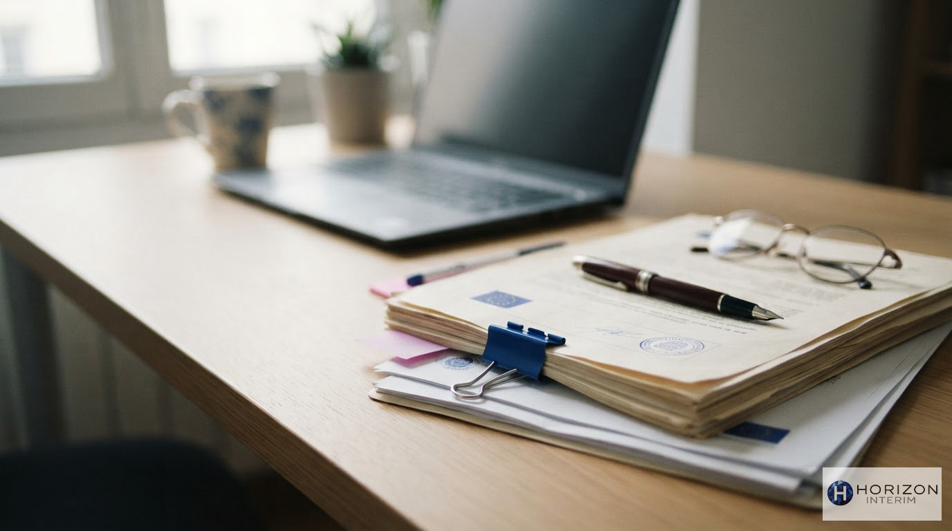 Bureau administratif avec documents officiels de l'UE et contrats d'assurance.