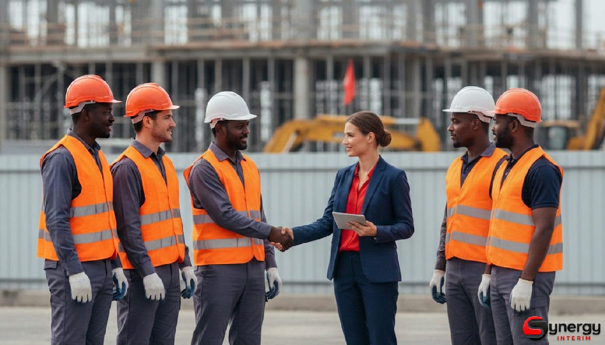 Optimisation RH: Recrutement international, flexibilité 2 Travailleurs diversifiés serrant la main d'un représentant RH devant un chantier.