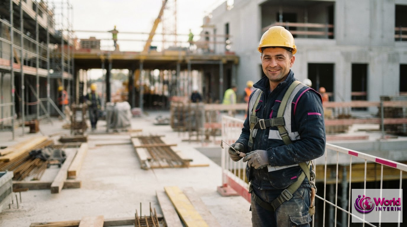 Un travailleur détaché équipé d'EPI souriant sur un chantier sécurisé.
