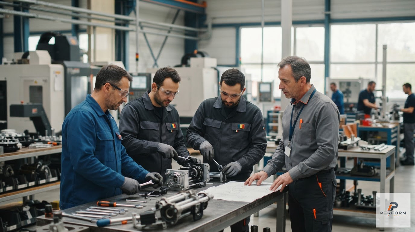 Collaboration efficace entre ouvriers français et roumains dans un atelier industriel.