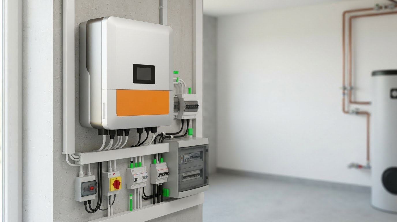Detail moderního hybridního střídače instalovaného v technické místnosti