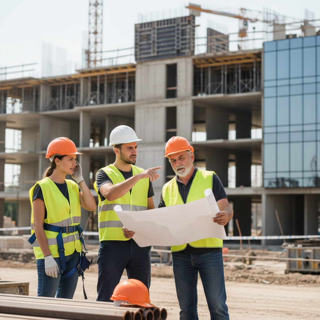 pénurie main d'œuvre BTP ouvriers roumains – Ouvriers qualifiés sur un chantier de construction moderne, illustrant la gestio