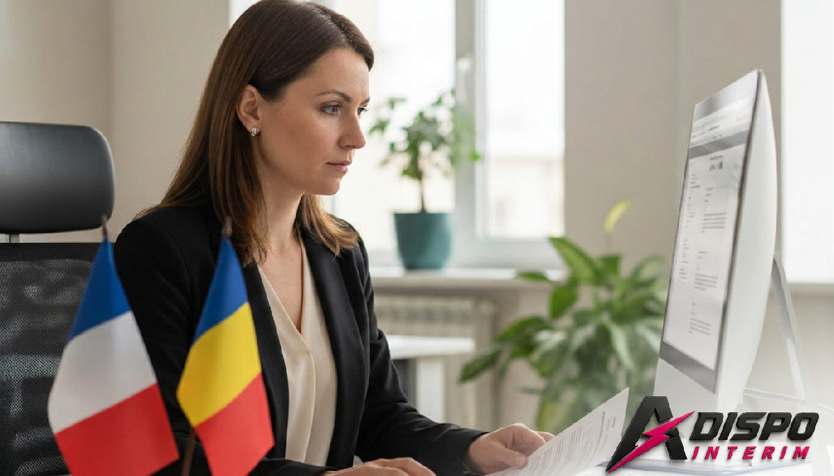 Employé vérifiant des documents de détachement avec drapeaux France/Roumanie.
