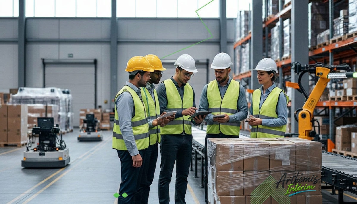 Travailleurs industriels diversifiés travaillant ensemble dans un entrepôt moderne.