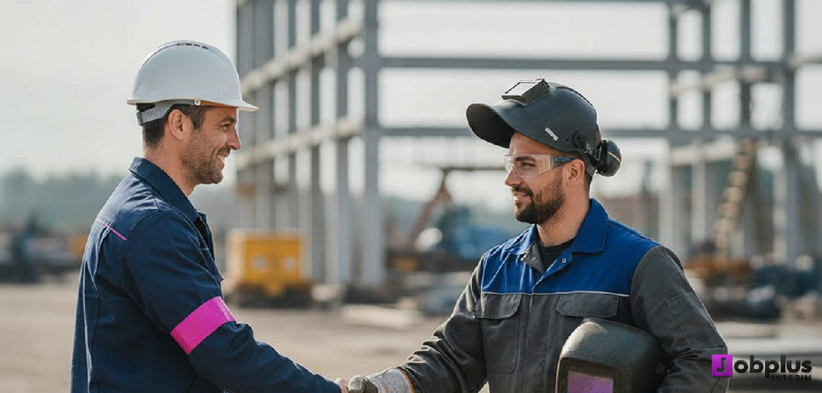 Poignée de main entre chef de chantier français et soudeur roumain.